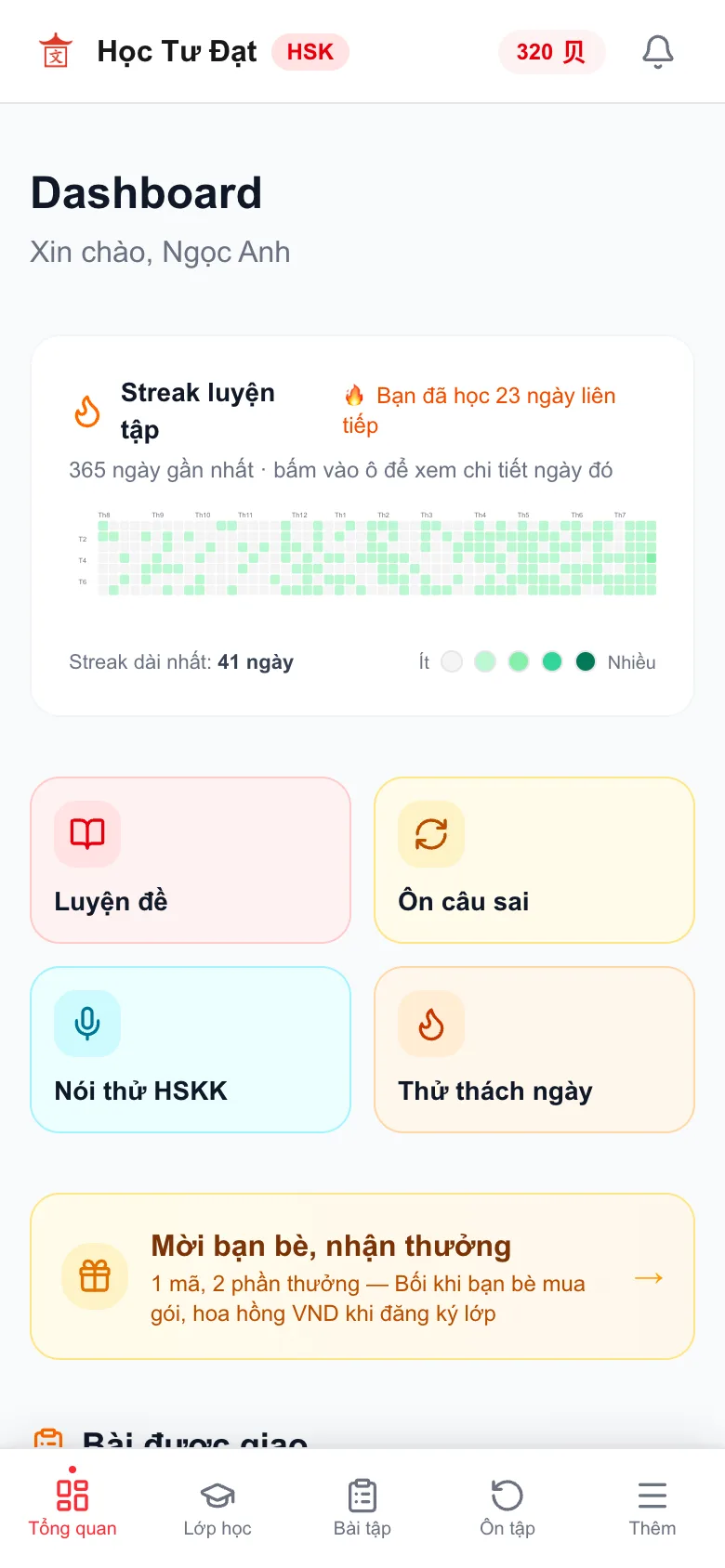 Trang tổng quan của học viên với chuỗi ngày học và bài được giao
