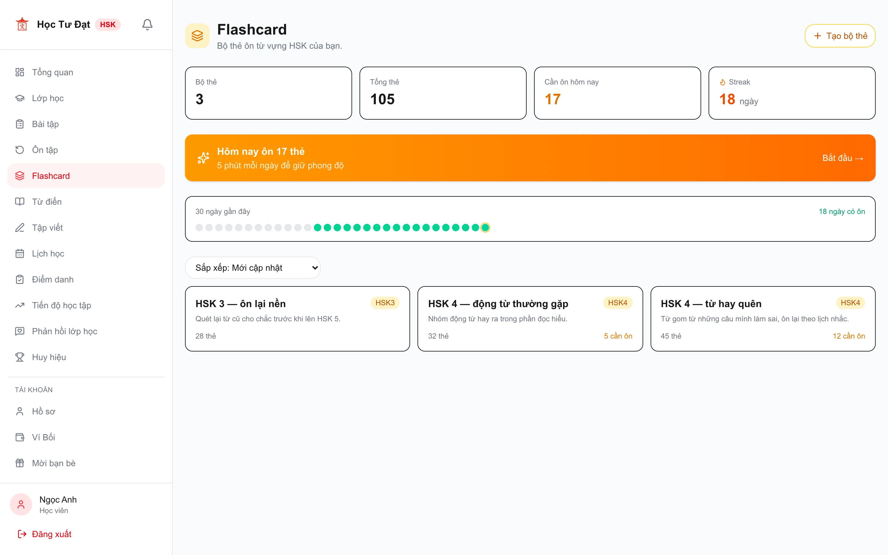 Trang flashcard với các bộ thẻ HSK và số thẻ cần ôn hôm nay
