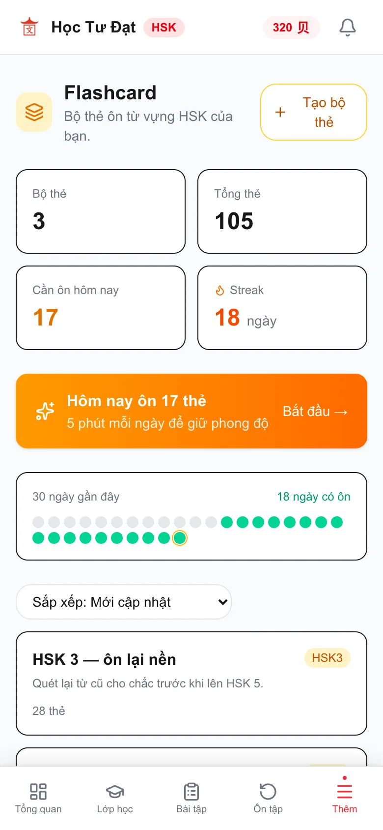 Trang flashcard với các bộ thẻ HSK và số thẻ cần ôn hôm nay