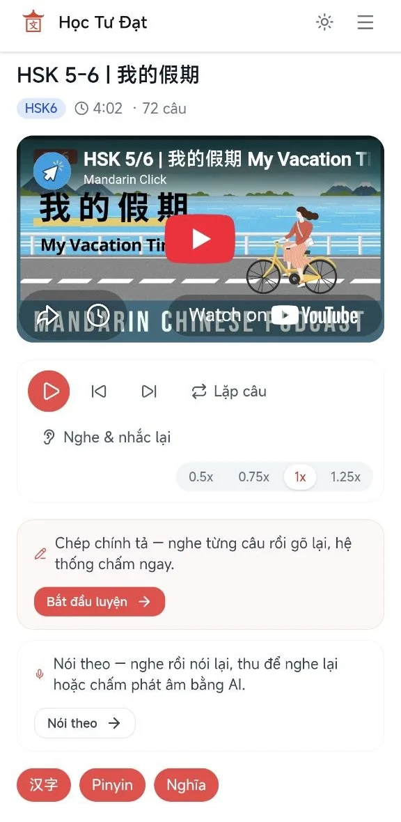 Màn hình shadowing: video, chỉnh tốc độ 0.5x–1.25x, chép chính tả và nói theo